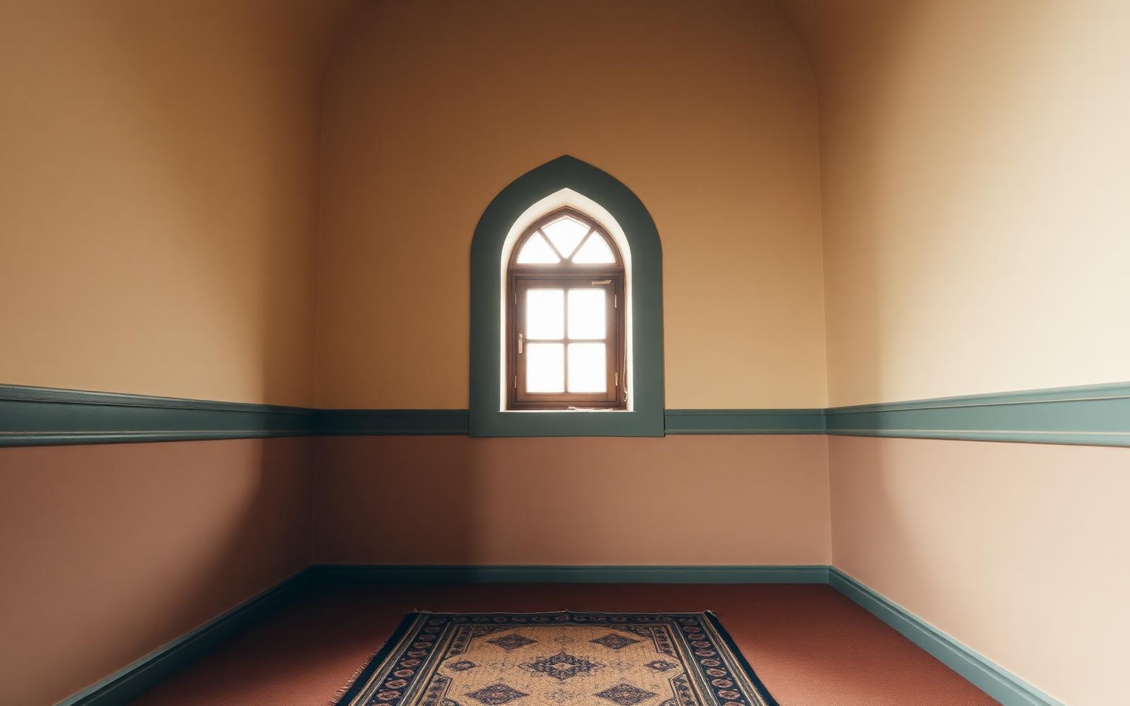 A quiet corner of the masjid — mihrab arch and a woven prayer rug